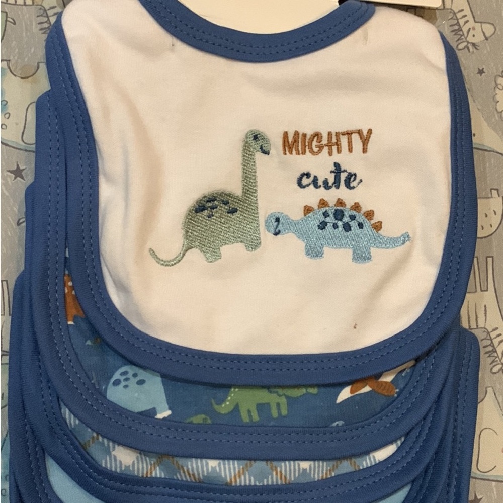 Dinosaur Print Baby Bib Set - Blue and White